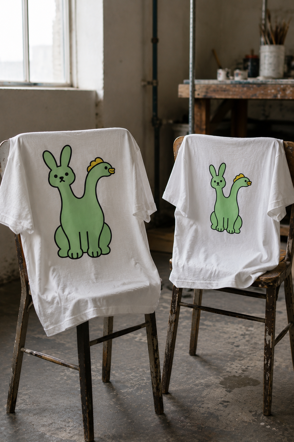 Two white T-shirts on chairs showing large and small versions of the same green character design.