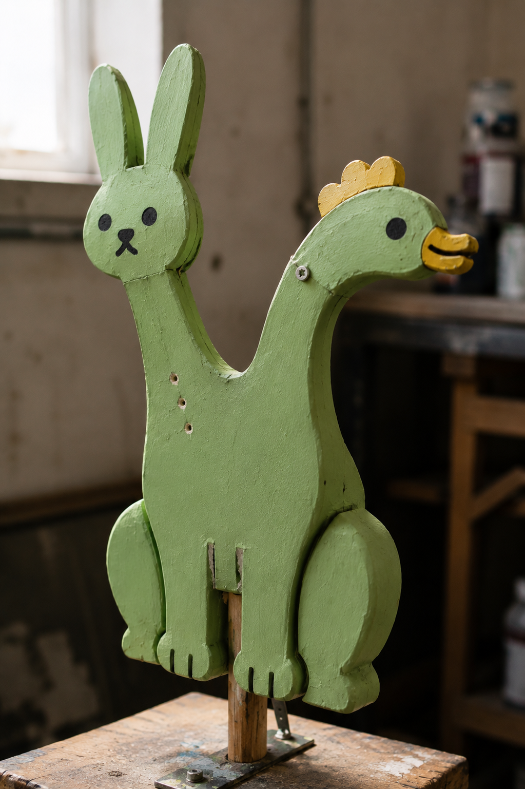 Green wooden character prototype with jointed parts and visible screws on a workshop stand.