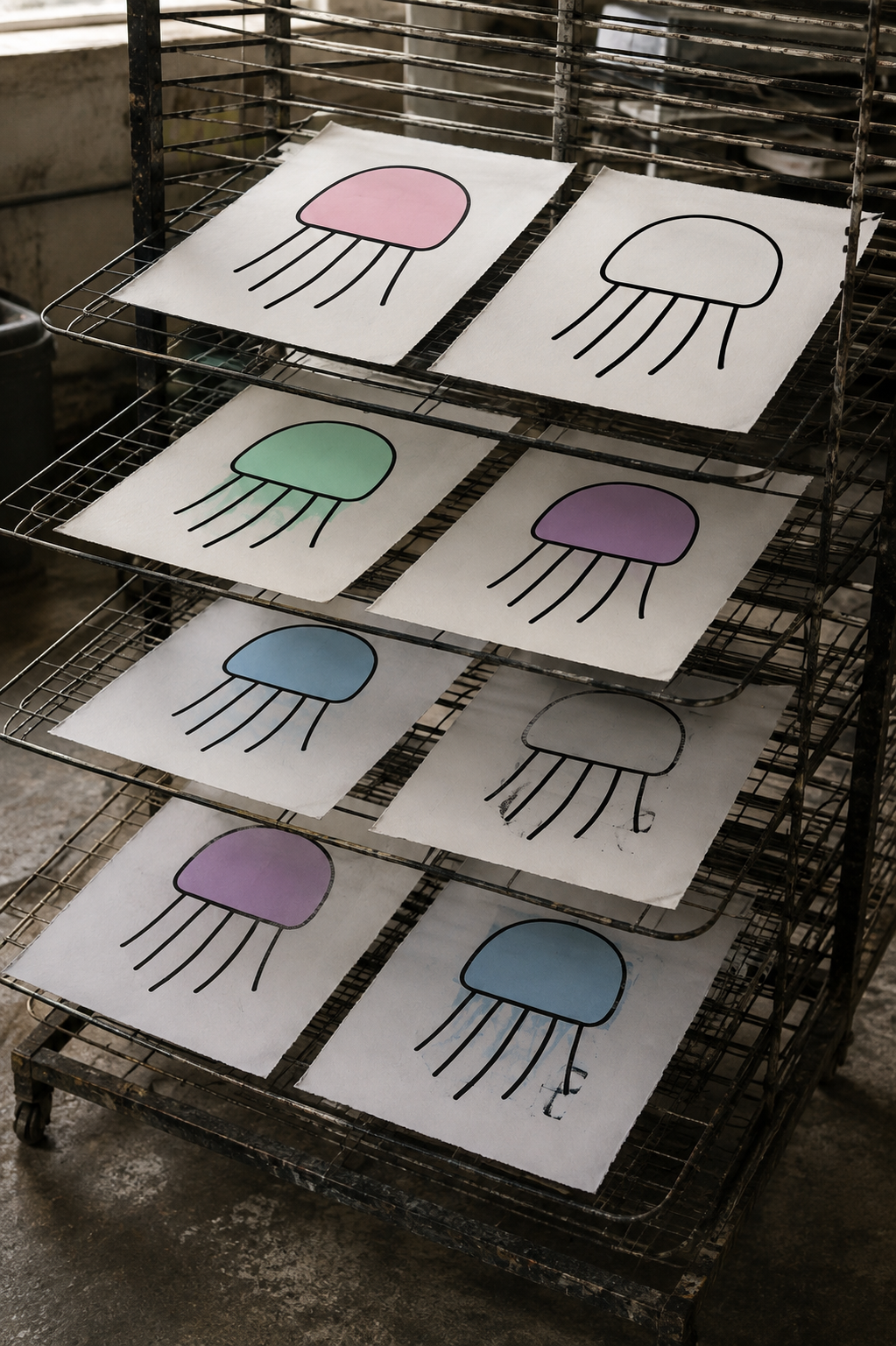 Jellyfish print tests in pink, green, purple and blue drying on metal racks.