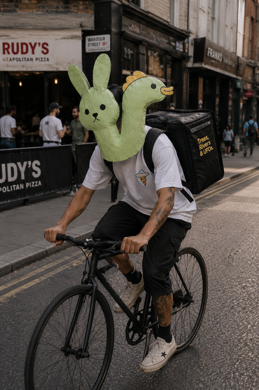 Cyclist wearing a green two-headed character mask and a Trees, Rivers & UFOs delivery backpack.