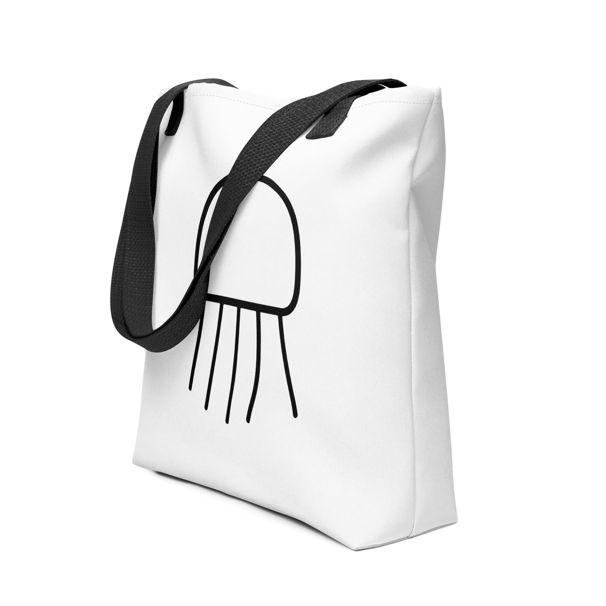 Angled view of the Nimbus Jellyfish Tote Bag by Trees, Rivers & UFOs showing the monochrome jellyfish graphic, white bag and black handles.