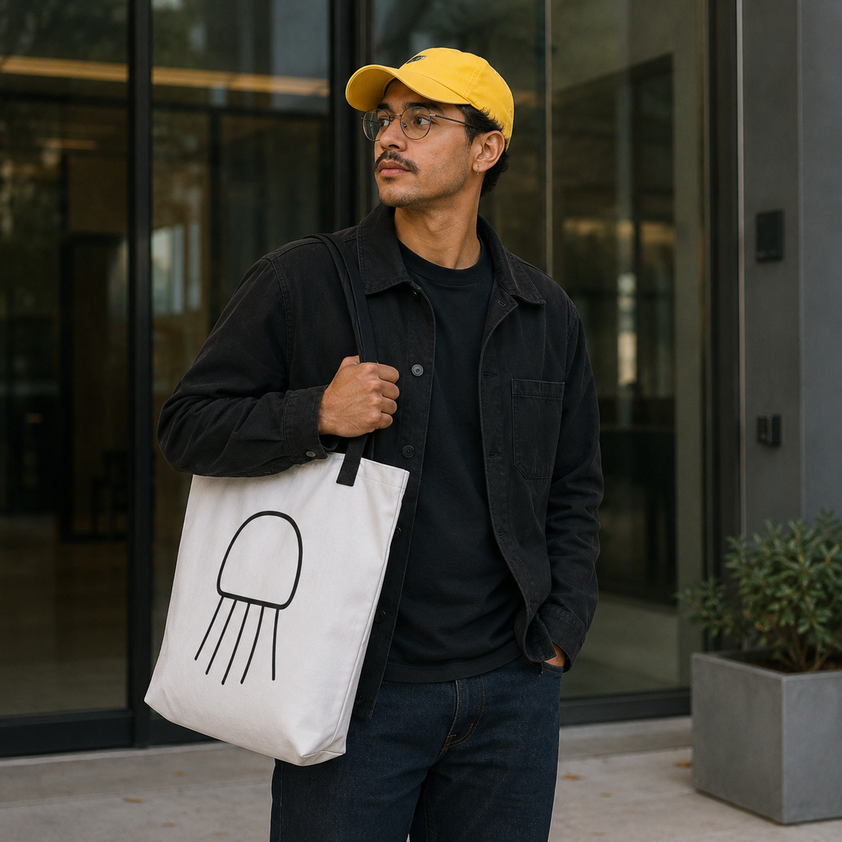 Man carrying the Trees, Rivers & UFOs Nimbus Jellyfish Tote Bag, a white tote with black straps and monochrome jellyfish artwork with black outline and tentacles.