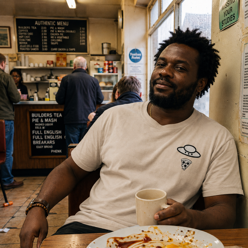 Man wearing the sand Trees, Rivers & UFOs Nimbus Pizza Tee while seated in a cafe and holding a ceramic mug.