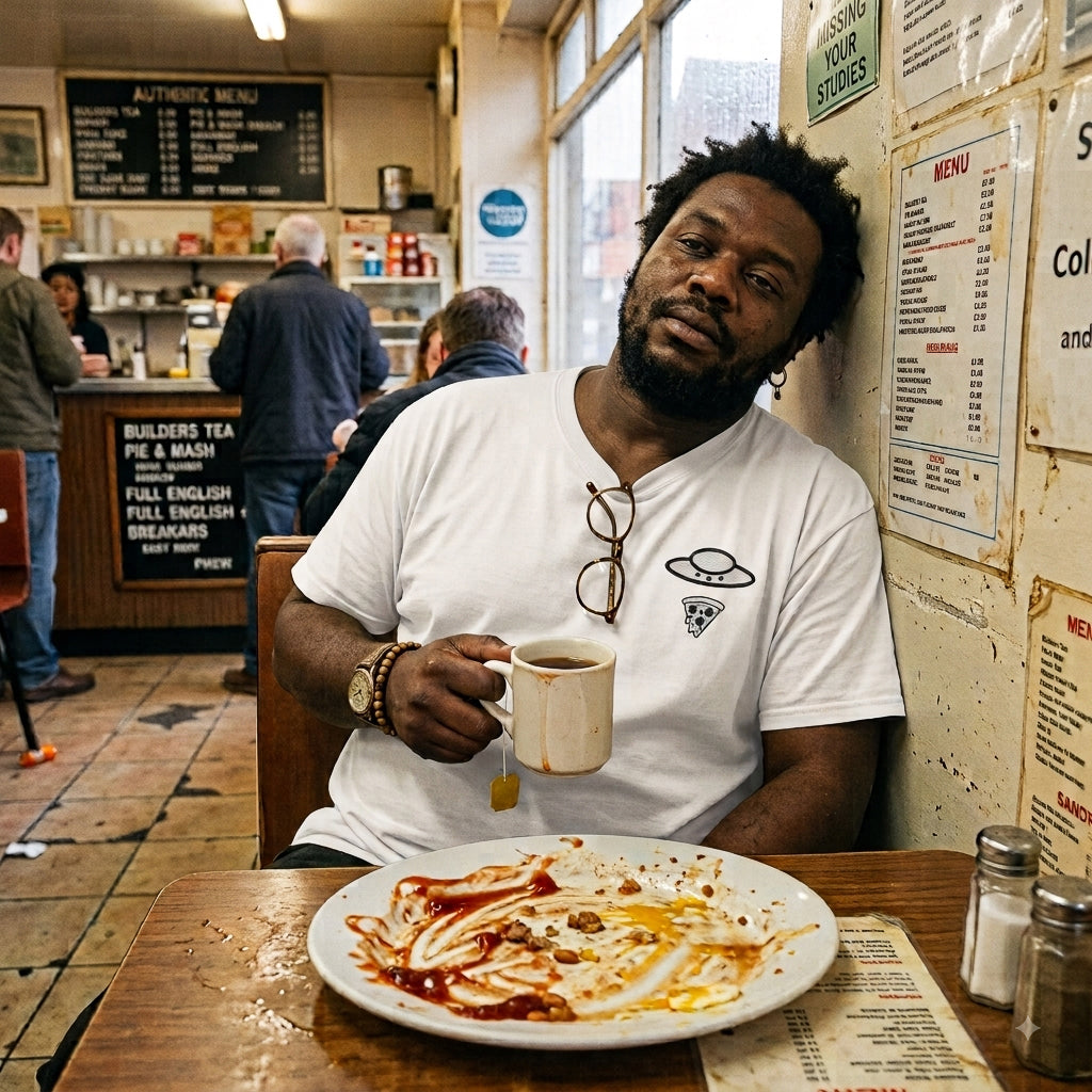 Man wearing the white Trees, Rivers & UFOs Nimbus Pizza Tee at a restaurant table while holding a mug.