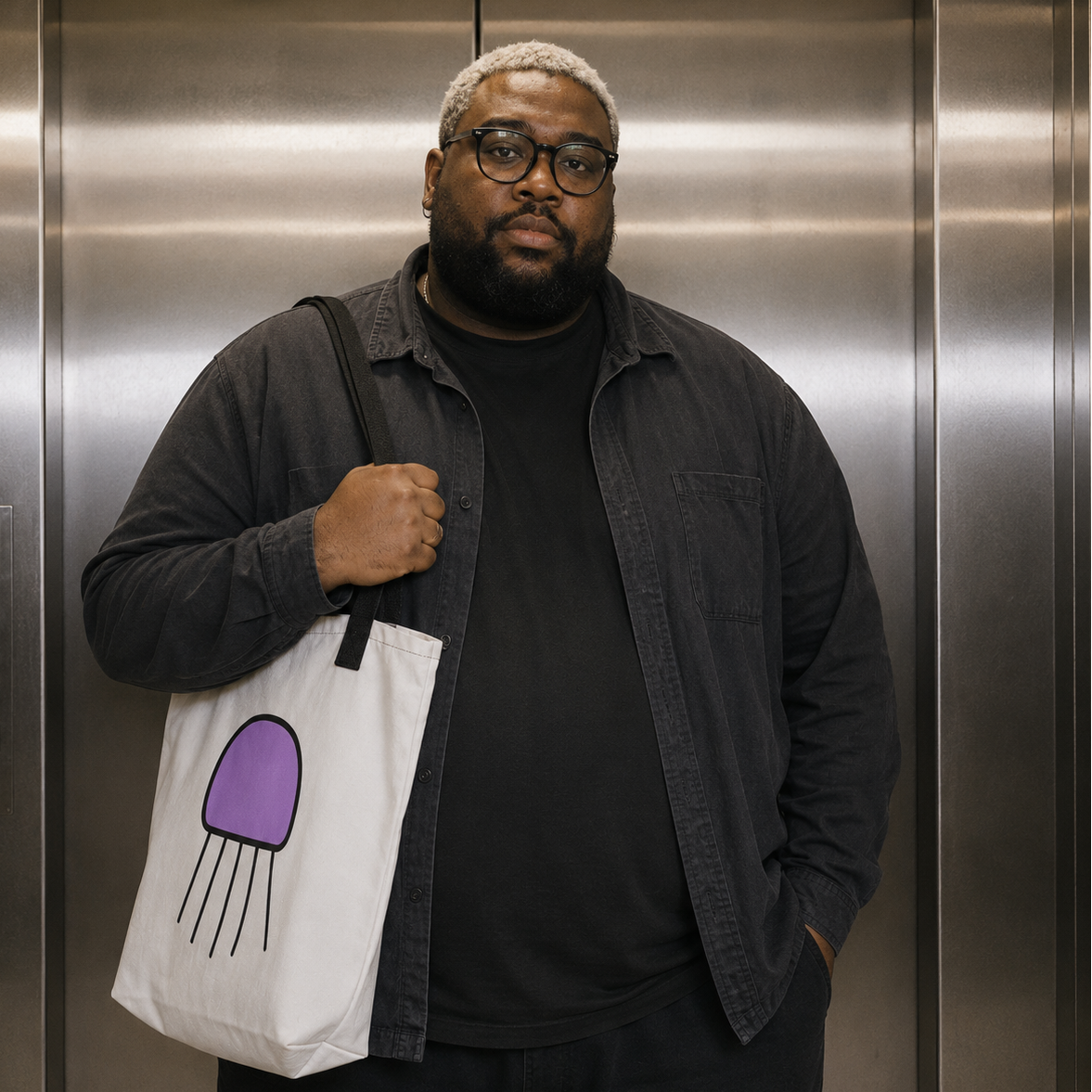 Man carrying the Trees, Rivers & UFOs Orbit Jellyfish Tote Bag with purple jellyfish artwork beside an elevator.