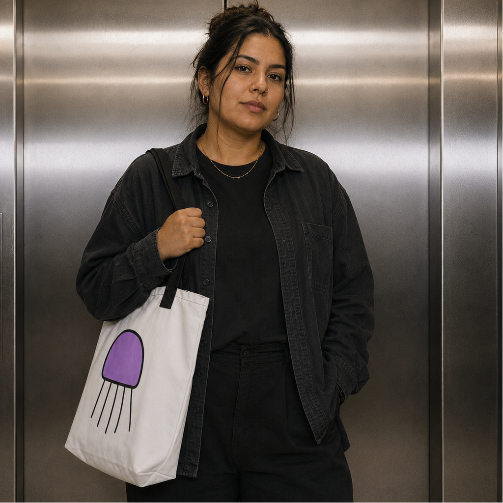 Woman carrying the Trees, Rivers & UFOs Orbit Jellyfish Tote Bag with purple jellyfish artwork in an elevator.
