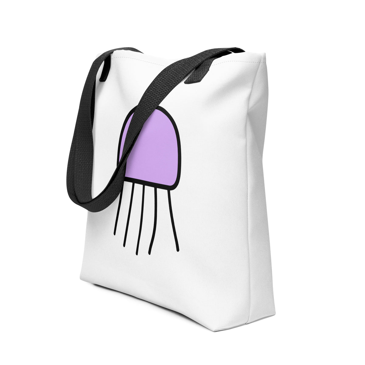 Angled view of the Orbit Jellyfish Tote Bag by Trees, Rivers & UFOs showing the purple jellyfish graphic, white bag and black handles.