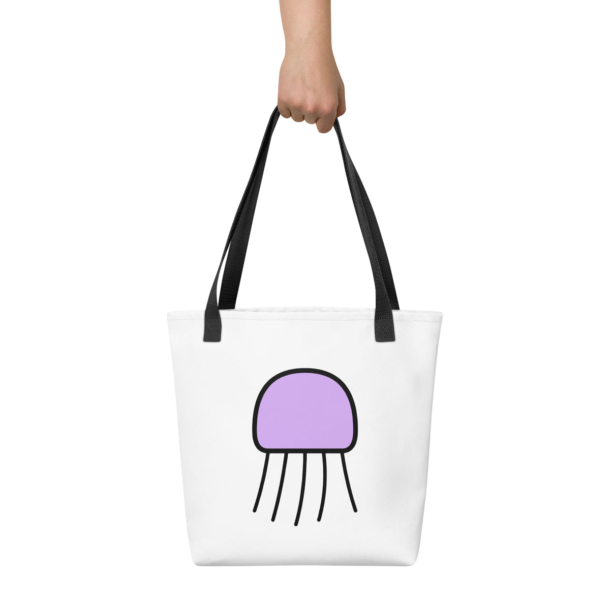 Front view of the Orbit Jellyfish Tote Bag by Trees, Rivers & UFOs with purple jellyfish artwork, black outlines and black handles.