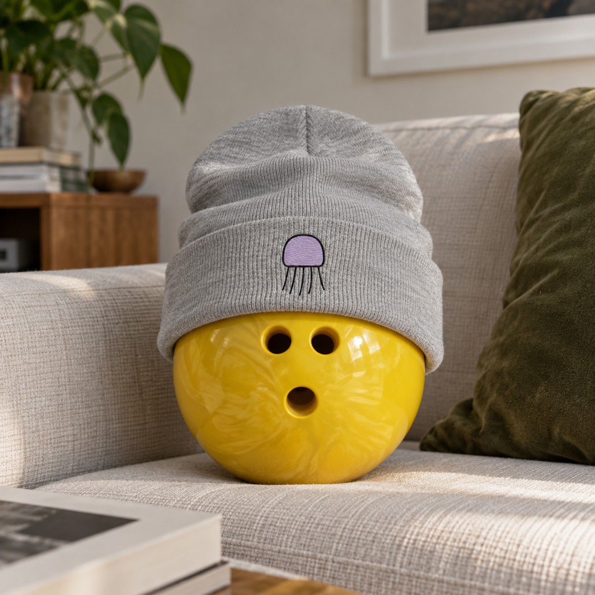 Heather Grey Orchid Beanie with purple Jellyfish embroidery on a yellow bowling ball
