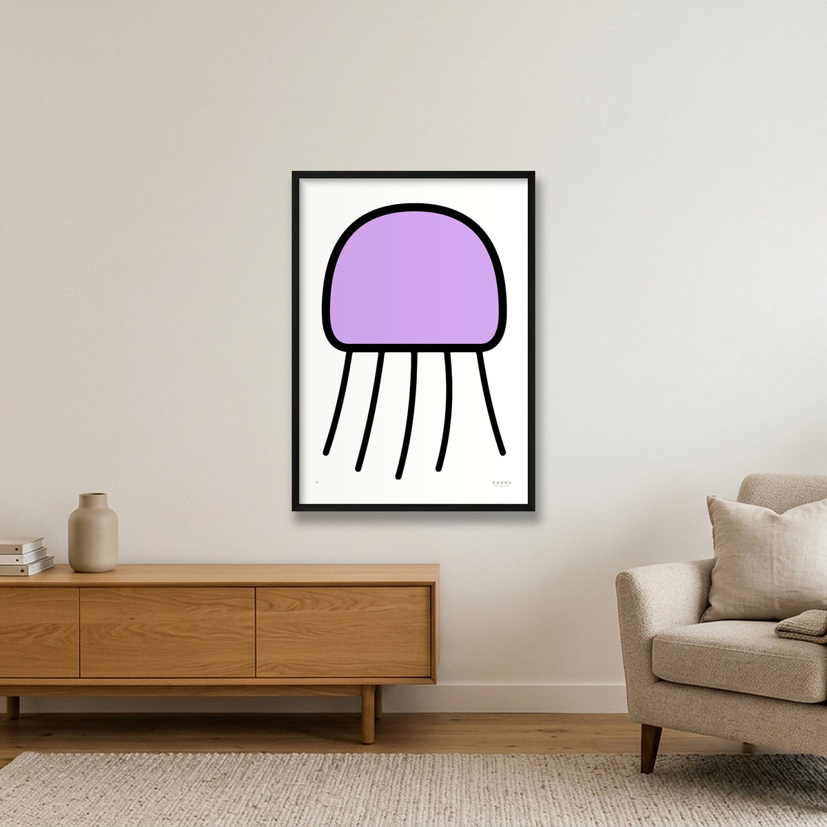 Trees, Rivers & UFOs Orchid Jellyfish purple art print by Tone Verge, 59 x 84 cm / 23 x 33 in, displayed in a black frame.
