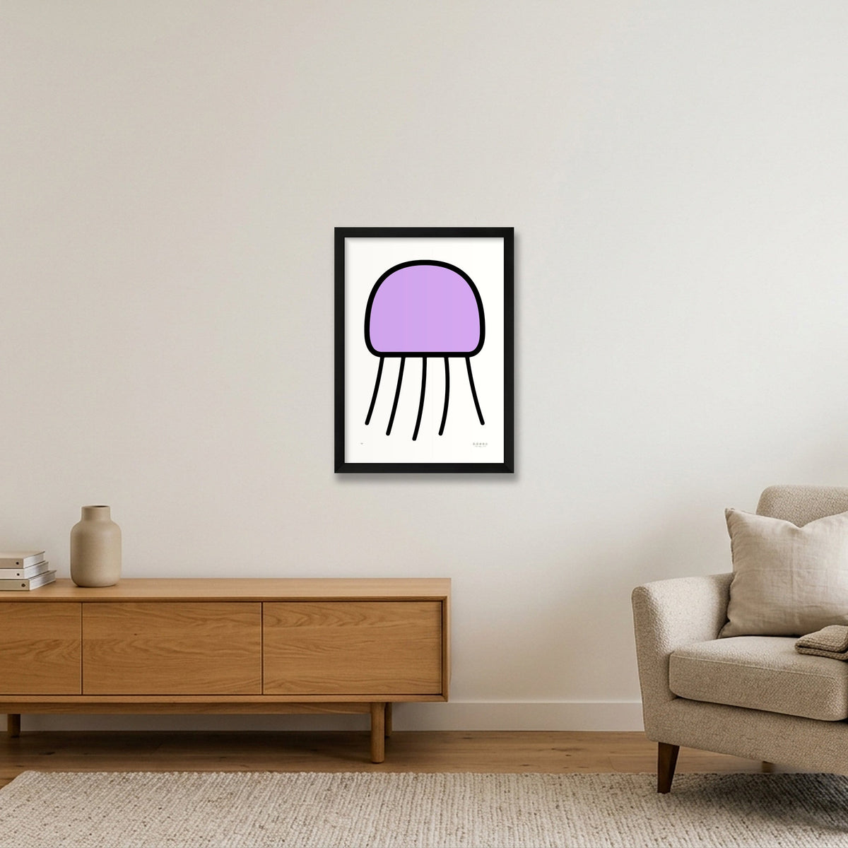     Trees, Rivers & UFOs Orchid Jellyfish purple art print by Tone Verge, A3 30 x 42 cm / 12 x 17 in, displayed in a black frame.