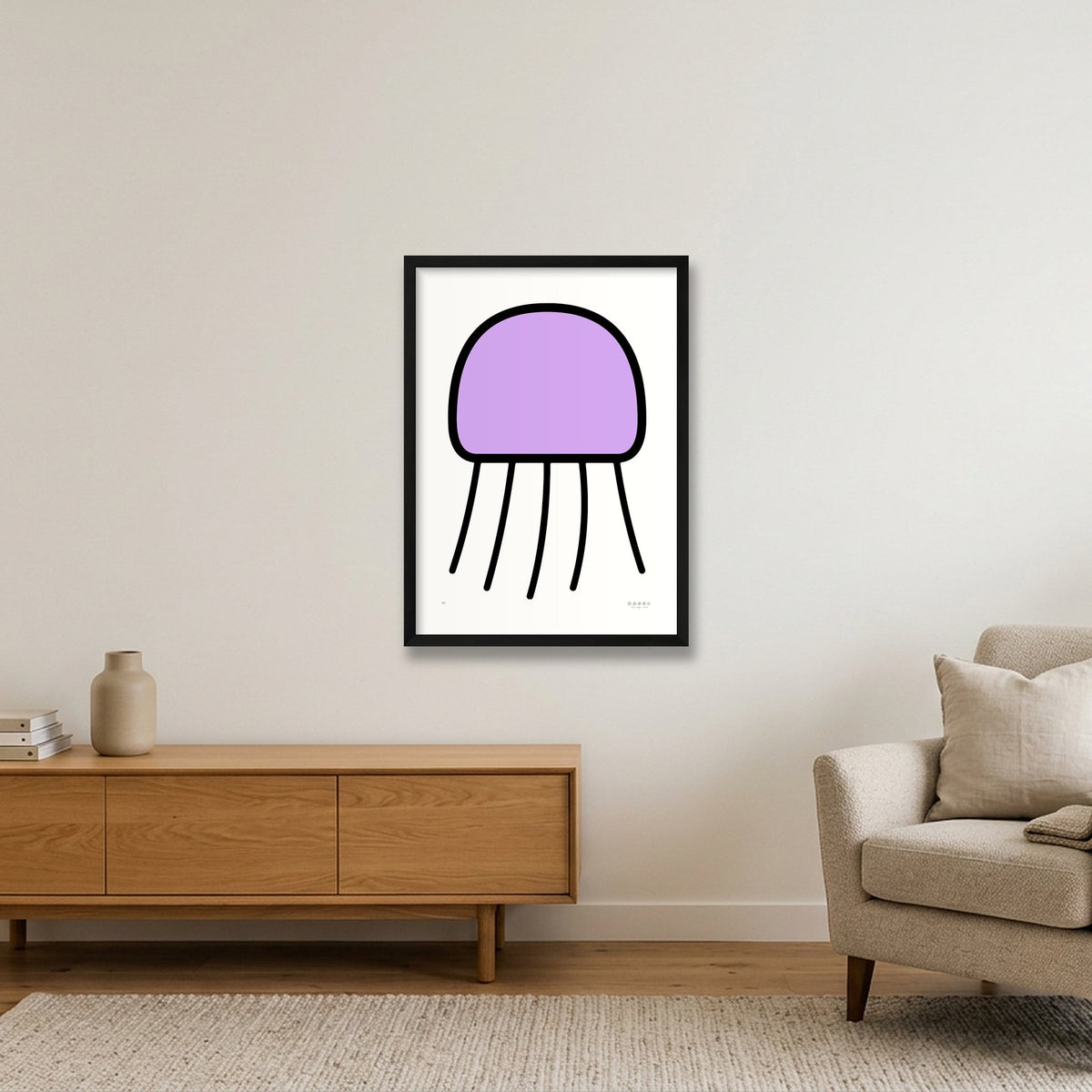 Trees, Rivers & UFOs Orchid Jellyfish purple art print by Tone Verge, 42 x 59 cm / 17 x 23 in, displayed in a black frame.