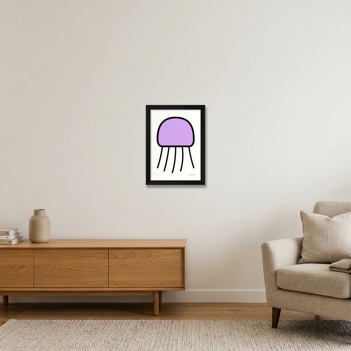Trees, Rivers & UFOs Orchid Jellyfish purple art print by Tone Verge, A4 21 x 30 cm / 8 x 12 in, displayed in a black frame.