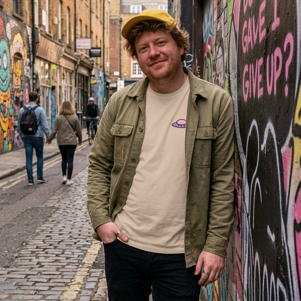 A man wearing a yellow cap, olive green overshirt, and beige t-shirt stands in a cobblestone street with graffiti walls on both sides.