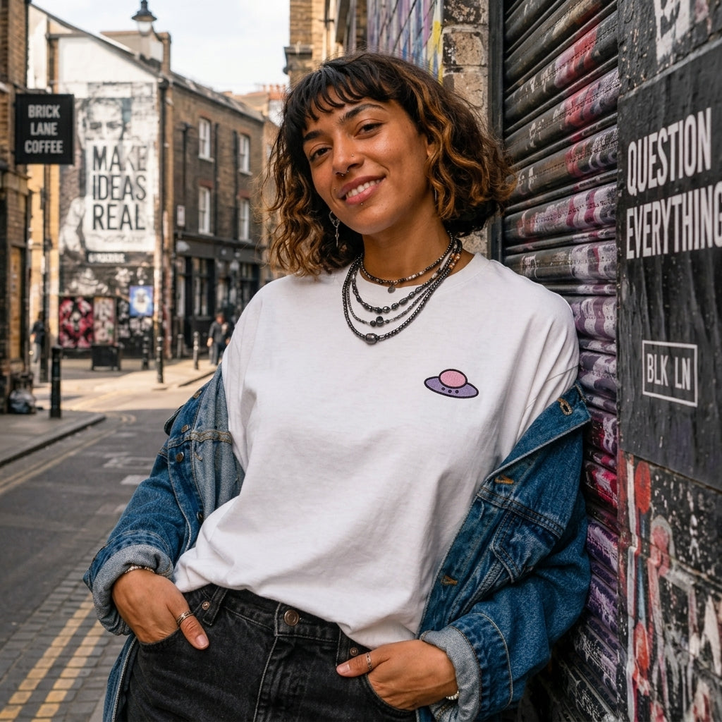 Woman wearing the white Trees, Rivers & UFOs Orchid Tee under a blue denim jacket beside a graffiti-covered metal shutter.