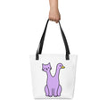 Front view of the Quackcat Tote Bag by Trees, Rivers & UFOs with black handles and original purple two-headed cat and duck artwork.