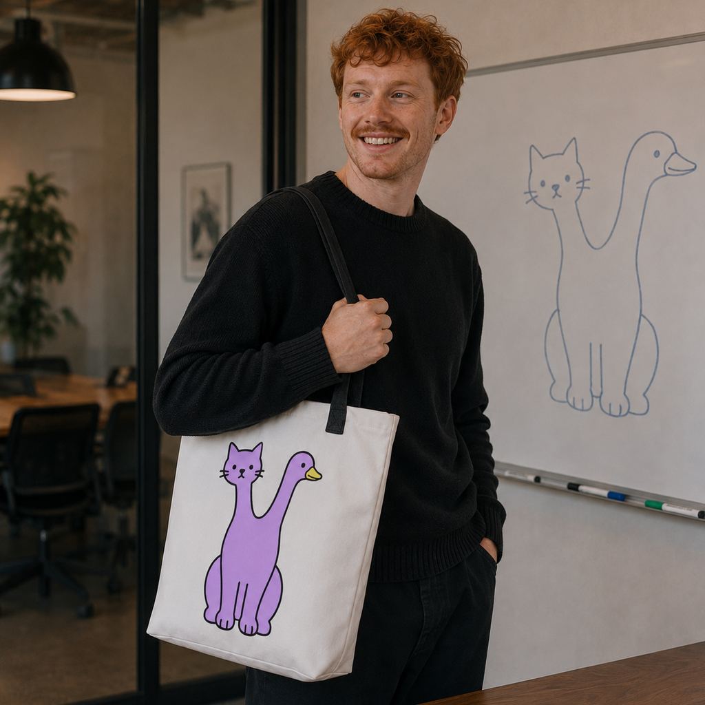 Man carrying the Quackcat Tote Bag by Trees, Rivers & UFOs in a coworking meeting room, featuring the purple two-headed cat and duck artwork.