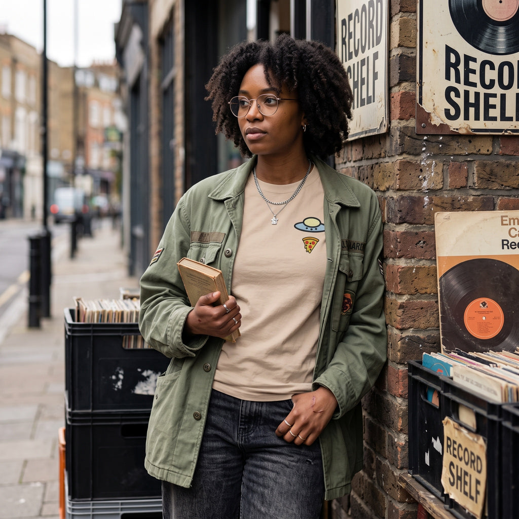 A woman stands on a city street beside a brick wall with vintage record shelves and posters. She is wearing a light olive green utility jacket over a beige graphic T-shirt, dark gray jeans, and holding a small book or notebook.