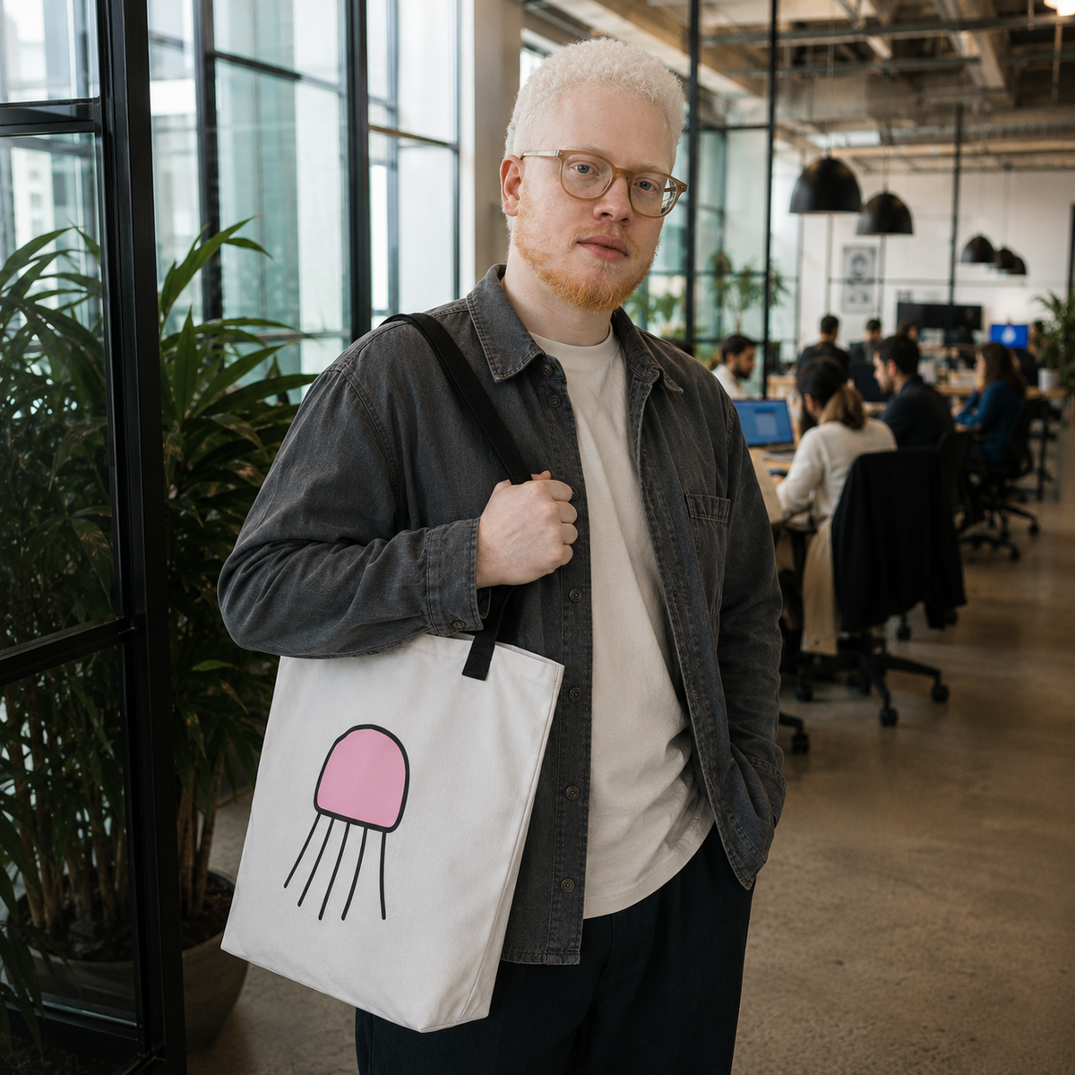 Man carrying the Trees, Rivers & UFOs Signal Jellyfish Tote Bag, a white tote with black straps and pink jellyfish artwork with a black outline.
