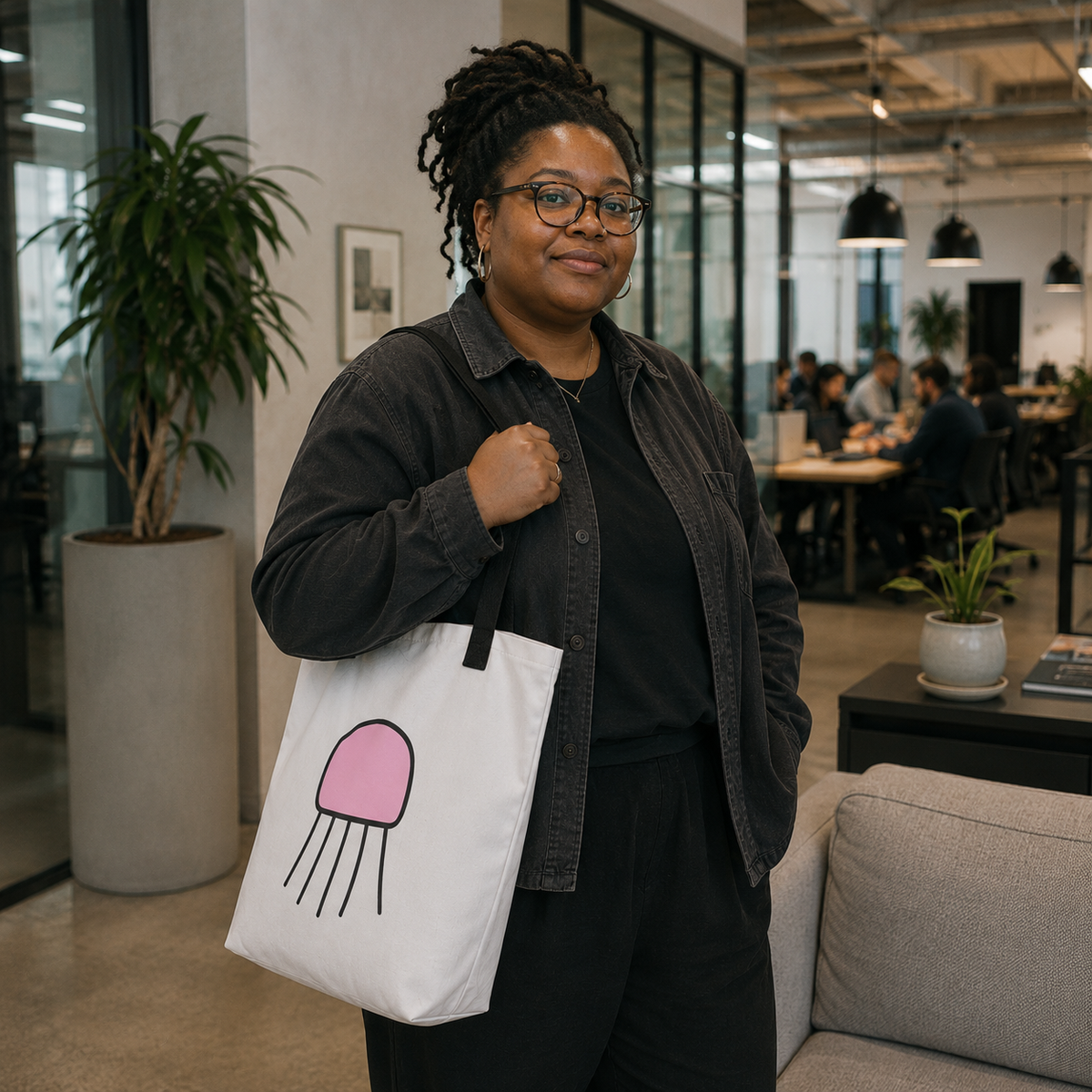 Woman carrying the Trees, Rivers & UFOs Signal Jellyfish Tote Bag, a white tote with black straps and pink jellyfish artwork with a black outline.