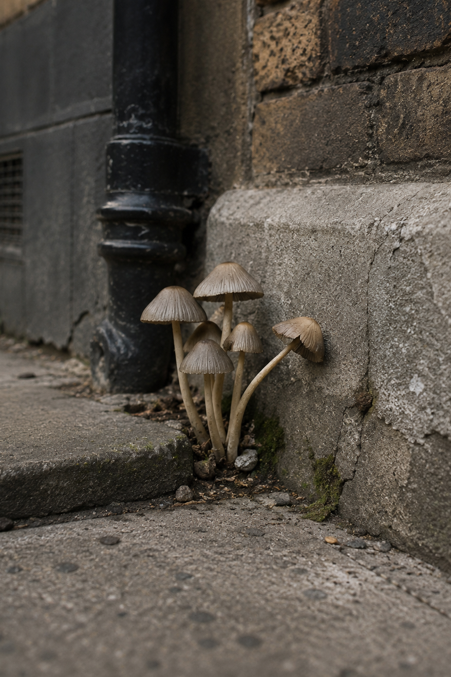 Small mushrooms growing through cracked concrete.