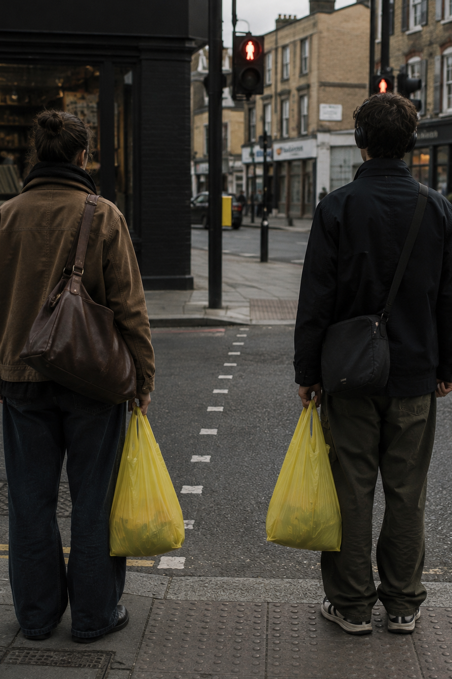 Two people carrying matching yellow bags on a city street.