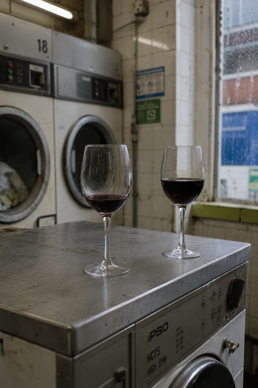 A glass of red wine inside a working laundrette.