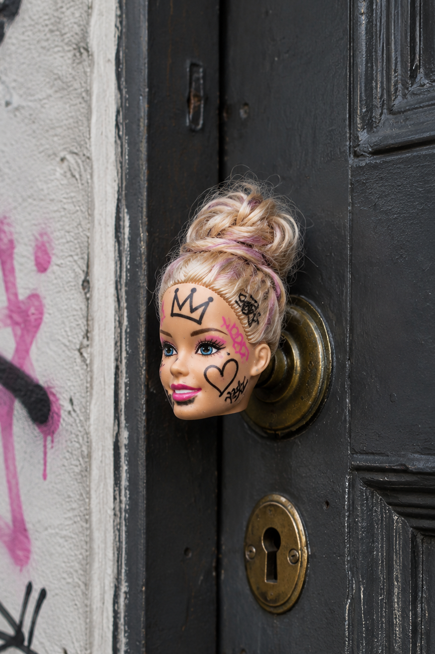 A doll head used as a door handle on a graffiti-covered door.