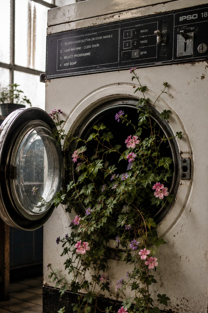 Flowers arranged inside the drum of a washing machine.