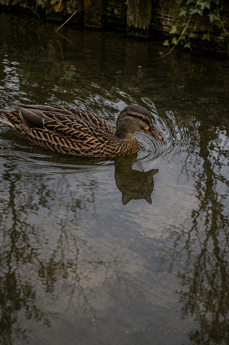 Duck and cat figures meeting in a reflected scene.
