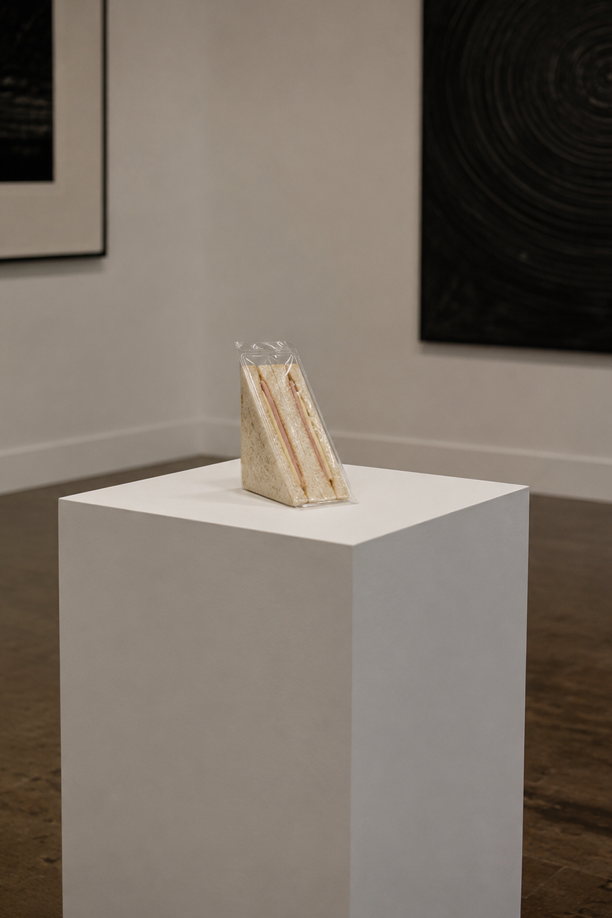 A sandwich presented inside an art gallery.