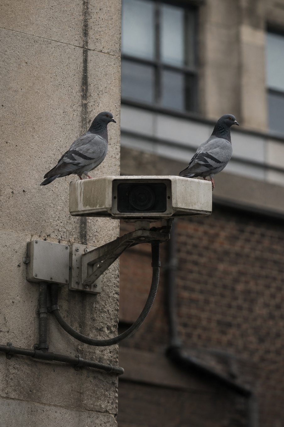 Pigeons perched beside a CCTV camera.