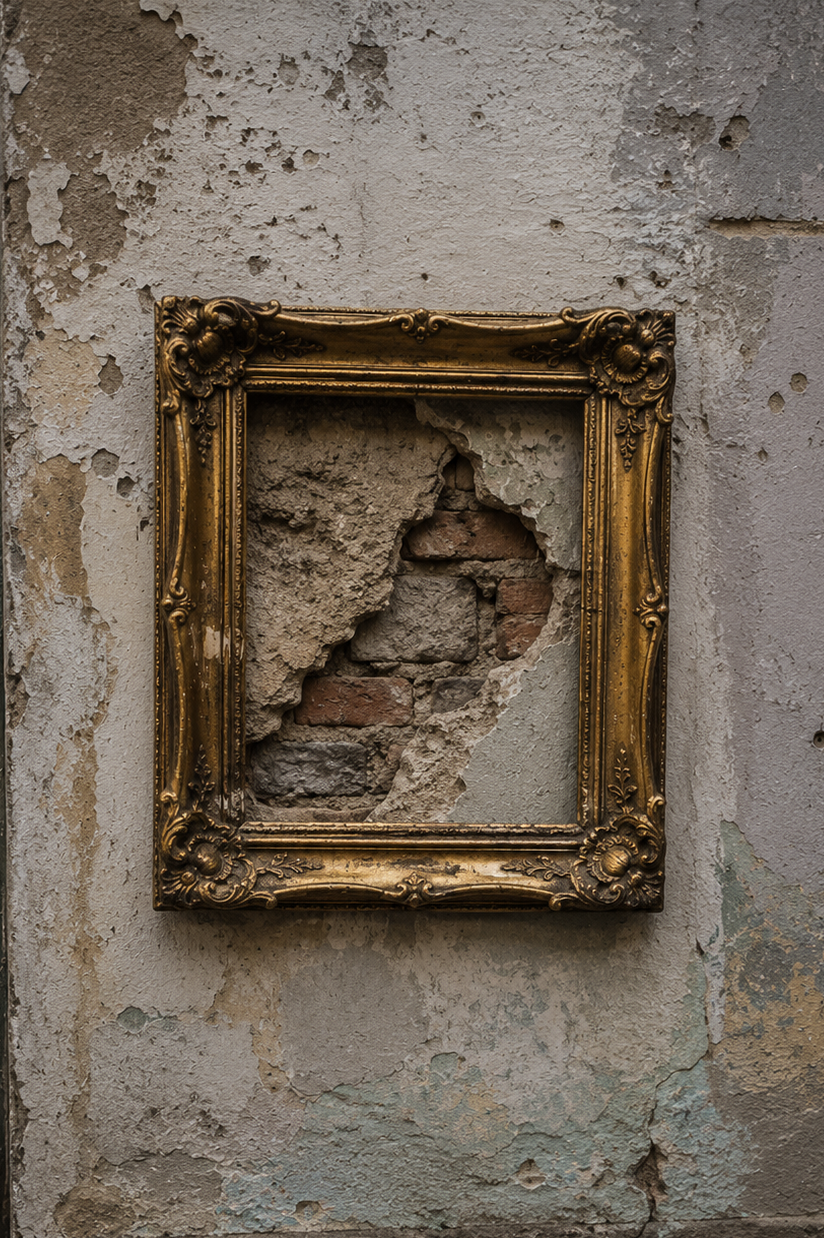 A damaged patch of wall presented inside a picture frame.