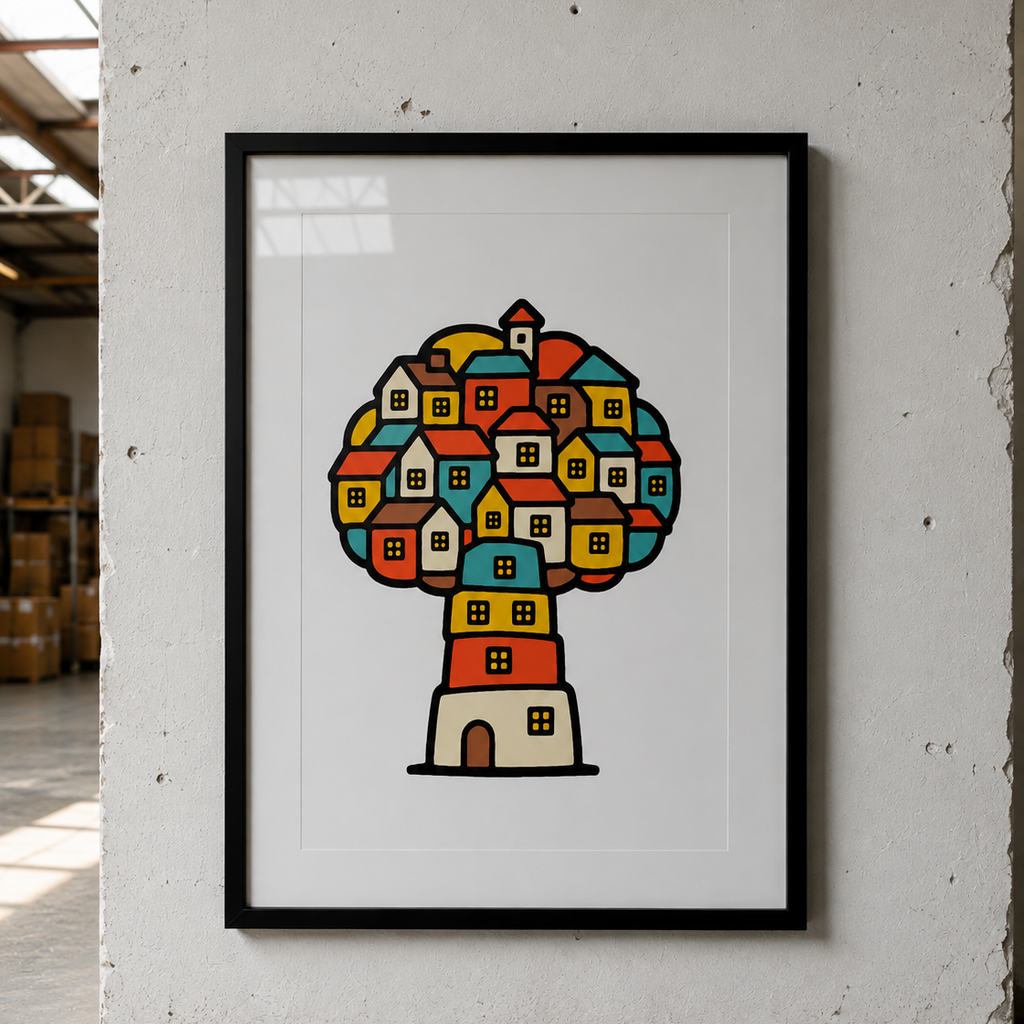 Trees, Rivers & UFOs Treehouse Homes framed art print by Tone Verge, colourful red, yellow, teal and cream artwork displayed in a black frame on a concrete wall.