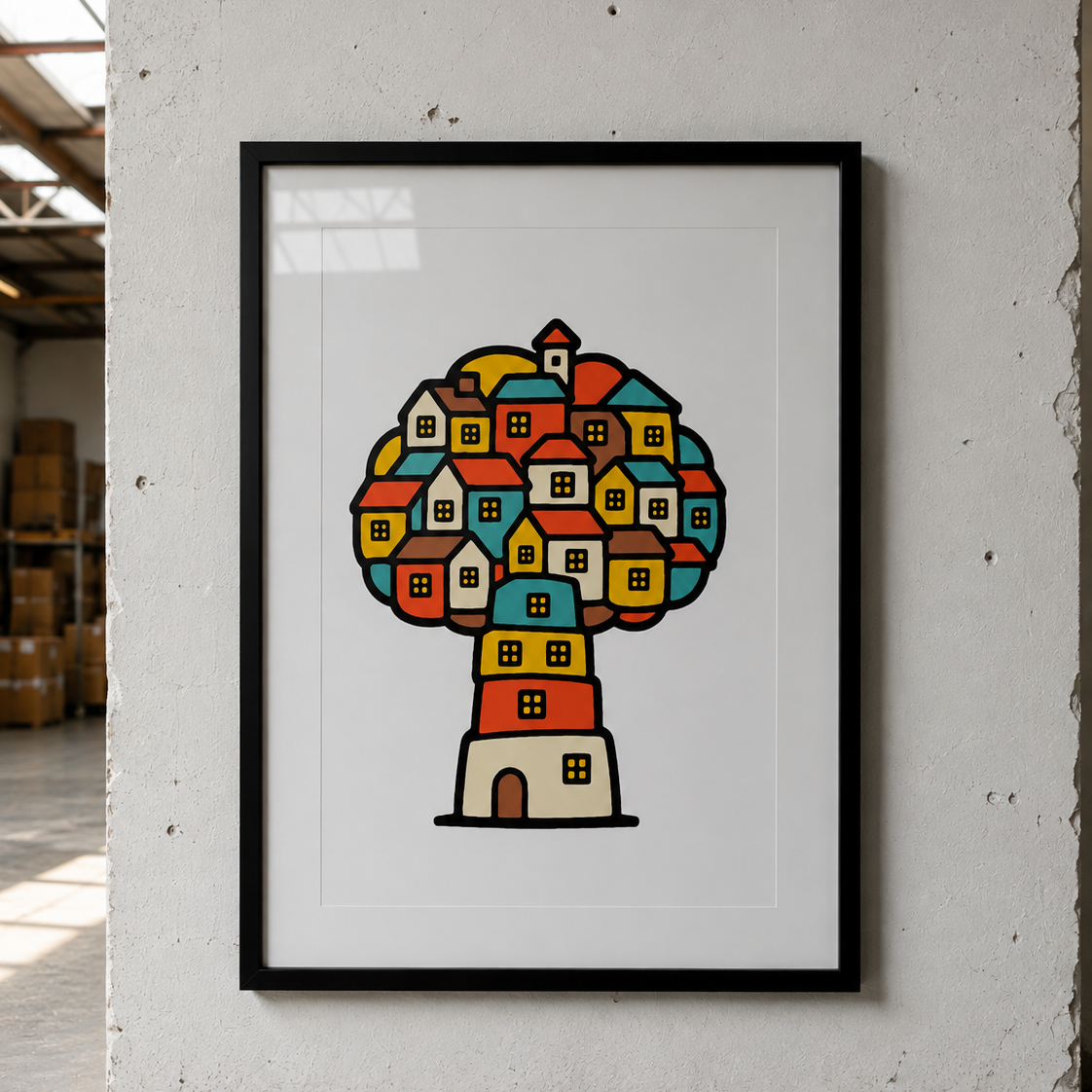 Trees, Rivers & UFOs Treehouse Homes framed art print by Tone Verge, colourful red, yellow, teal and cream artwork displayed in a black frame on a concrete wall.