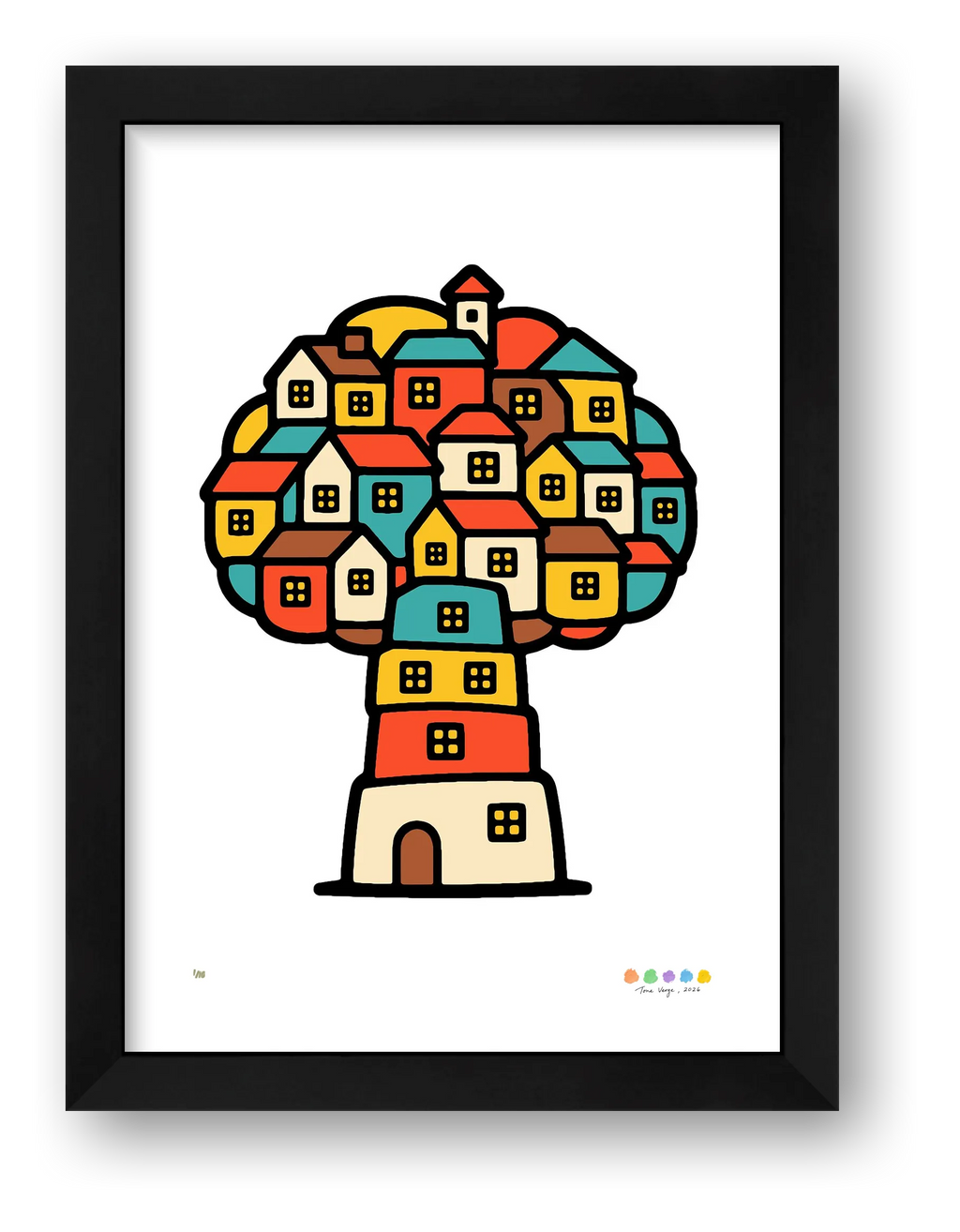 Trees, Rivers & UFOs Treehouse Homes limited edition art print by Tone Verge, colourful red, yellow, teal and cream house-tree artwork in a black frame.