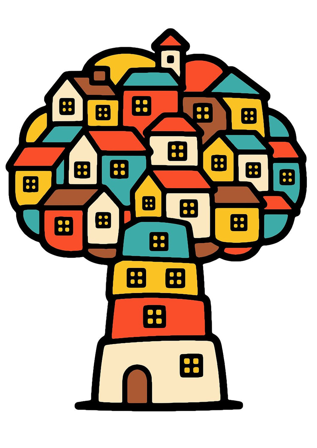 Trees, Rivers & UFOs Treehouse Homes artwork by Tone Verge featuring red, yellow, teal, cream and brown houses forming a stylised tree.
