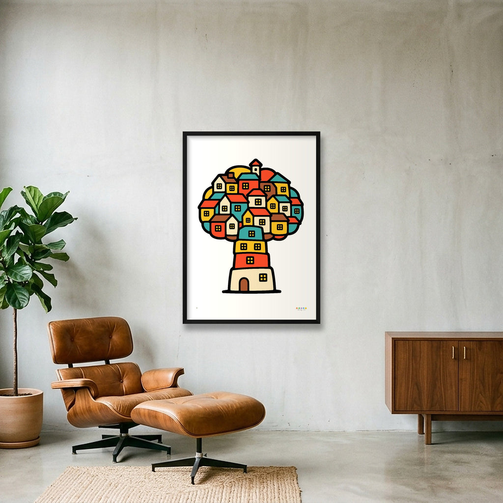 Large framed Trees, Rivers & UFOs Treehouse Homes art print by Tone Verge, red, yellow, teal and cream house-tree artwork in a contemporary interior.