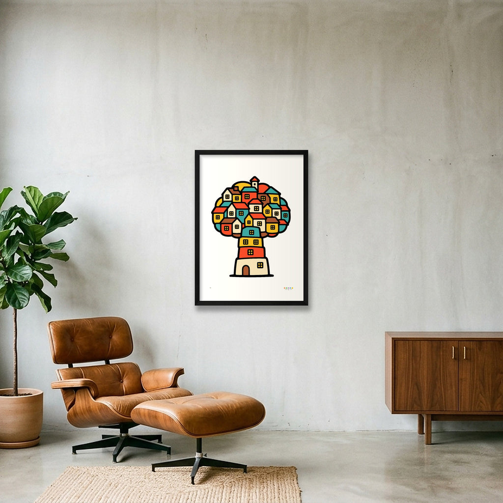 Trees, Rivers & UFOs Treehouse Homes framed print by Tone Verge, colourful red, yellow, teal and cream tree of houses displayed large in a modern living room.