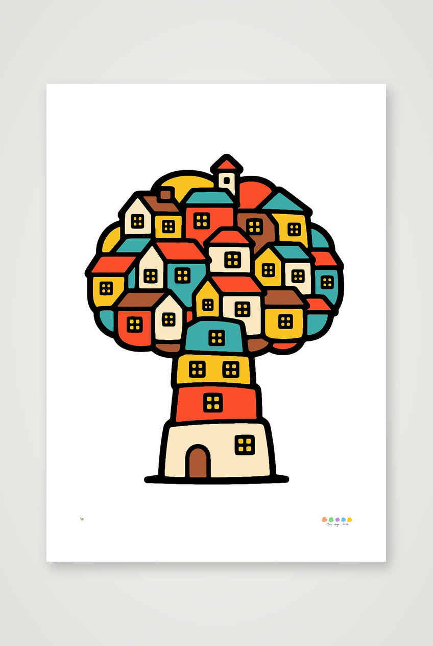 Treehouse Homes - Unframed Trees, Rivers & UFOs Treehouse Homes limited edition giclee print by Tone Verge, red, yellow, teal and cream artwork - 42×59cm, 17×23" Print only.