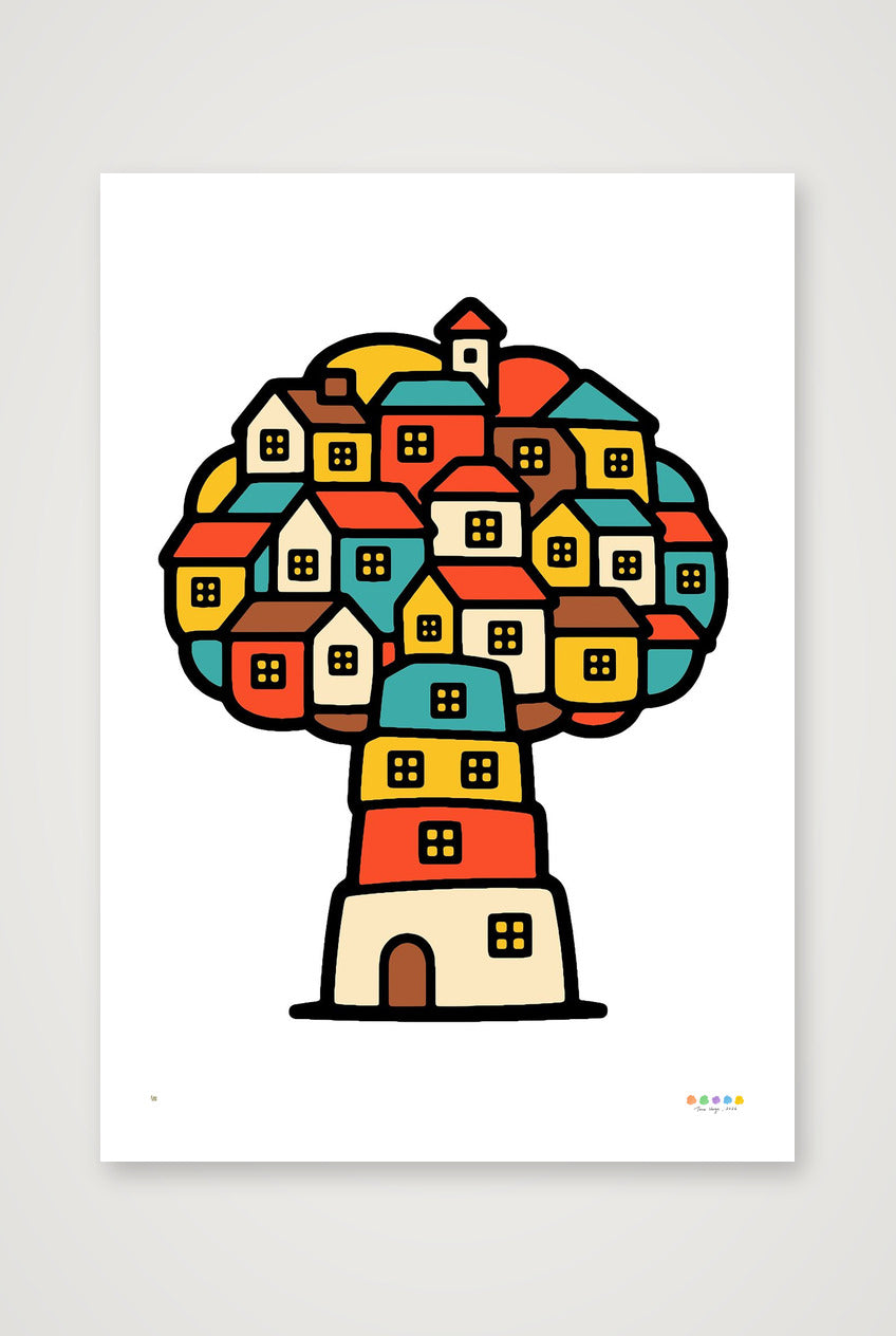 Treehouse Homes - Unframed Trees, Rivers & UFOs Treehouse Homes limited edition giclee print by Tone Verge, red, yellow, teal and cream artwork - 59×84cm, 23×33" Print only