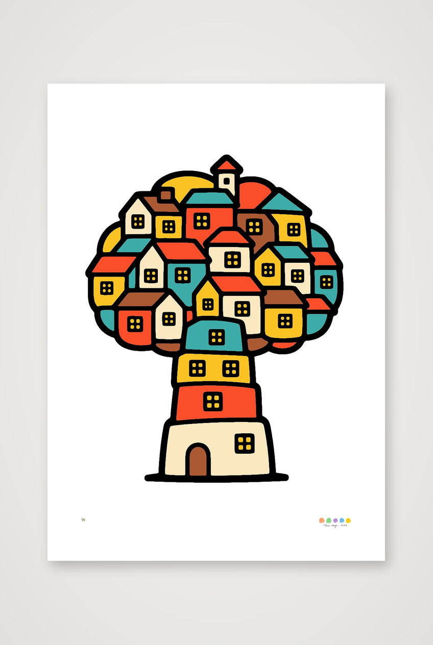 Treehouse Homes - Unframed Trees, Rivers & UFOs Treehouse Homes limited edition giclee print by Tone Verge, red, yellow, teal and cream artwork - A3 (30×42cm, 12×17") Print only.