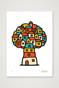 Treehouse Homes - Unframed Trees, Rivers & UFOs Treehouse Homes limited edition giclee print by Tone Verge, red, yellow, teal and cream artwork -  A4 (21×30cm, 8×12") Print only.