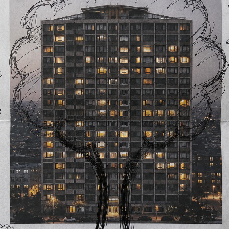 Trees, Rivers & UFOs Treehouse Homes development sketch by Tone Verge showing a London block of flats being transformed into a tree concept.