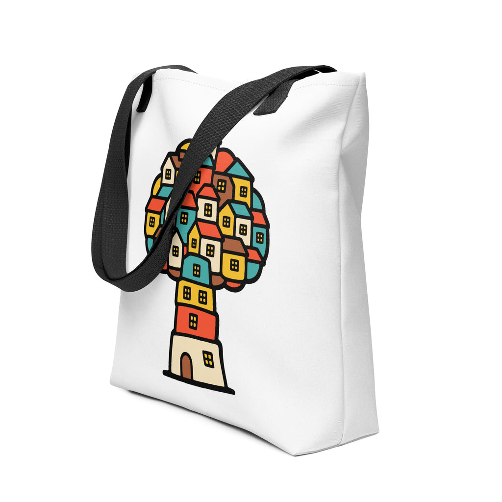 Angled view of the Treehouse Homes Tote Bag by Trees, Rivers & UFOs with colourful illustrated treehouse artwork and black handles.