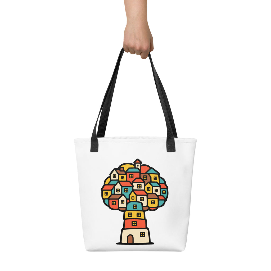  Front view of the Treehouse Homes Tote Bag by Trees, Rivers & UFOs showing the colourful treehouse illustration on a white bag.