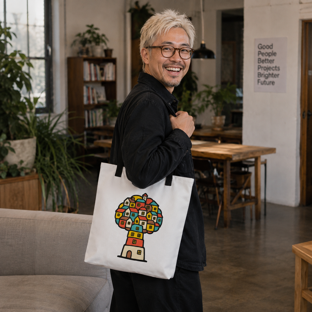 Man carrying the Treehouse Homes Tote Bag by Trees, Rivers & UFOs in a creative studio reception.