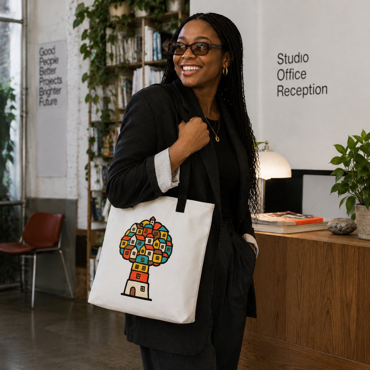 Woman carrying the Treehouse Homes Tote Bag by Trees, Rivers & UFOs in a creative studio reception.