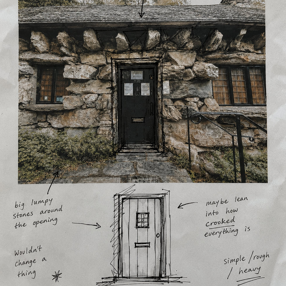 Trees, Rivers & UFOs Treehouse Homes development study of the Ugly House stone doorway with hand-drawn architectural notes and tree-form sketches.