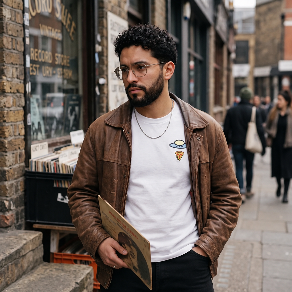 A man wearing a brown leather jacket over a white t-shirt with a small pizza and cloud graphic, standing on a city street.
